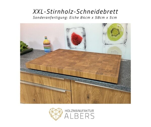 XXL Stirnholz Schneidebrett Sonderanfertigung: Eiche 84cm x 58cm x 5cm, handgefertigt von der Holzmanufaktur Albers in NIedersachsen